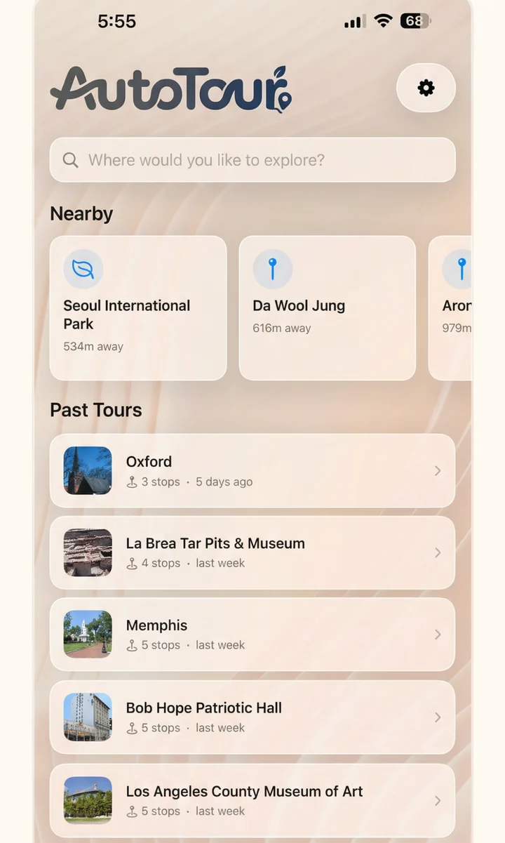 AutoTour home screen with search, a Nearby section, and a list of past tours ready to replay