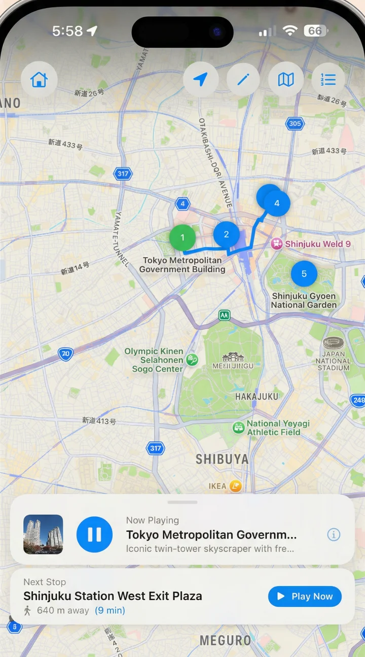AutoTour showing a walking route with numbered stops on a live map and the current narration playing