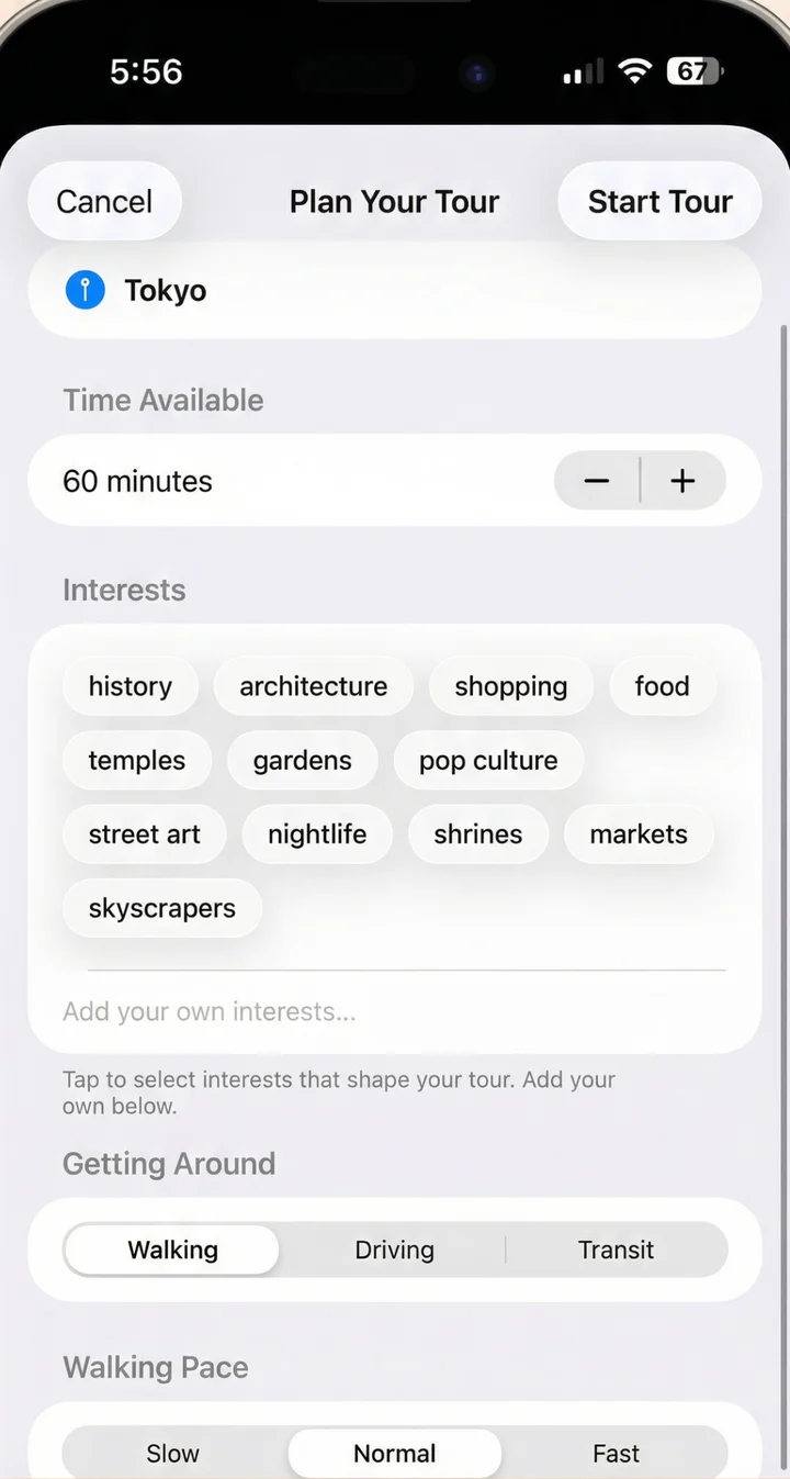 AutoTour Plan Your Tour screen with time-available options, interest chips, and a walking-pace selector
